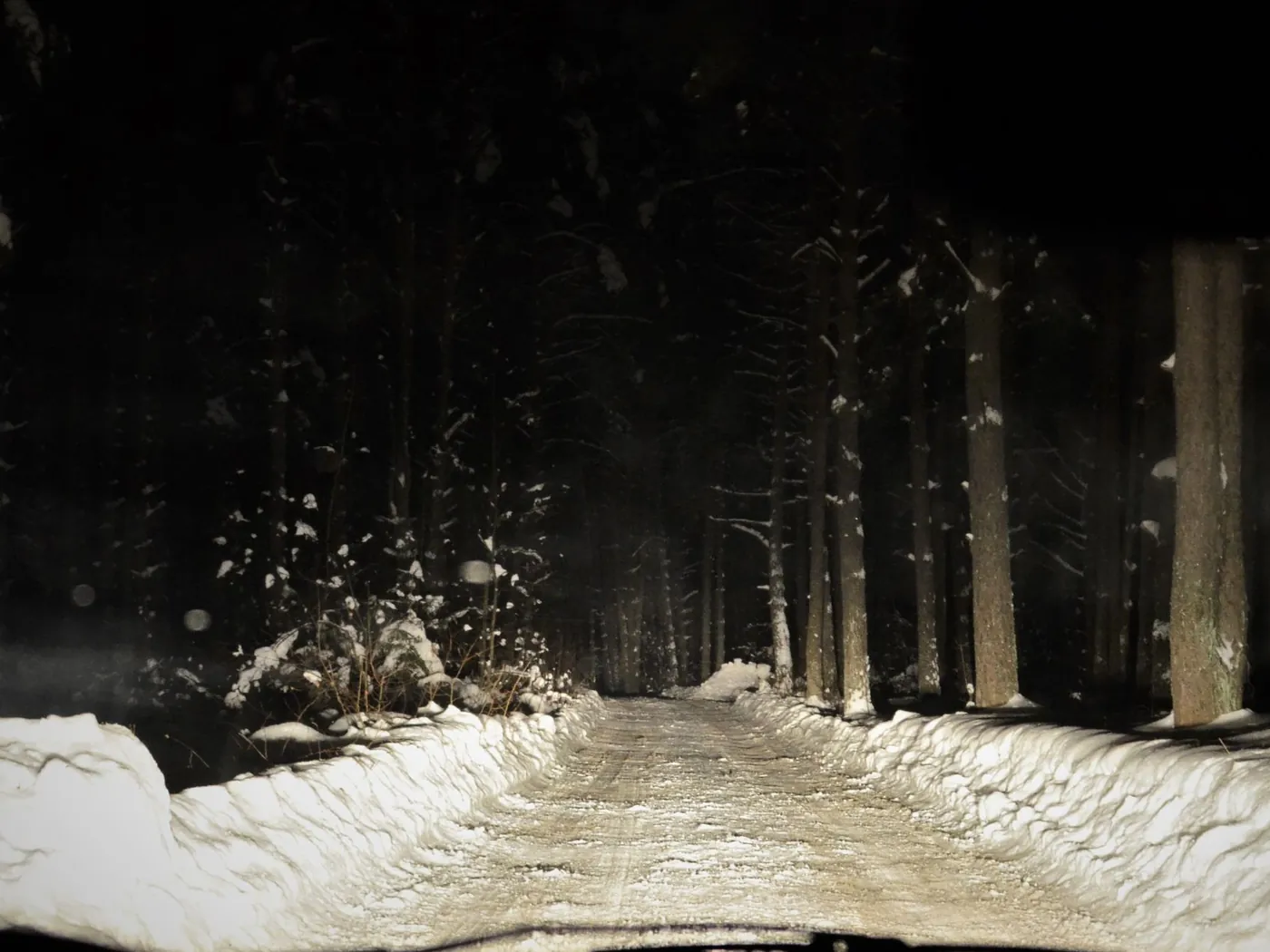 Koplampen van een busje op een besneeuwde weg in de nacht